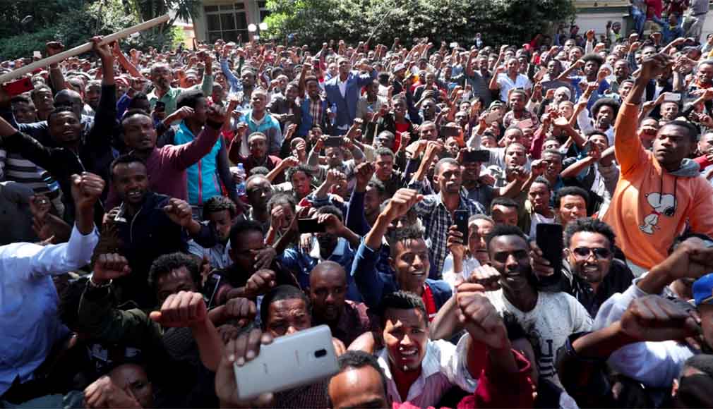 Young men joined the protest at Jawar's house in the capital Addis Ababa