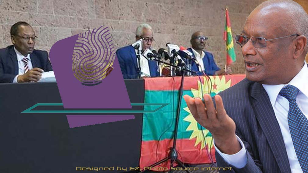 ምርጫ ቦርድ (ዓርማ)፣ አቶ ዳውድ ኢብሳ (በቀኝ)፤ አዲስ የተመረጡትና ምርጫ ቦርድ እውቅና የነፈጋቸው ሥስቱ አመራሮች (በግራ)